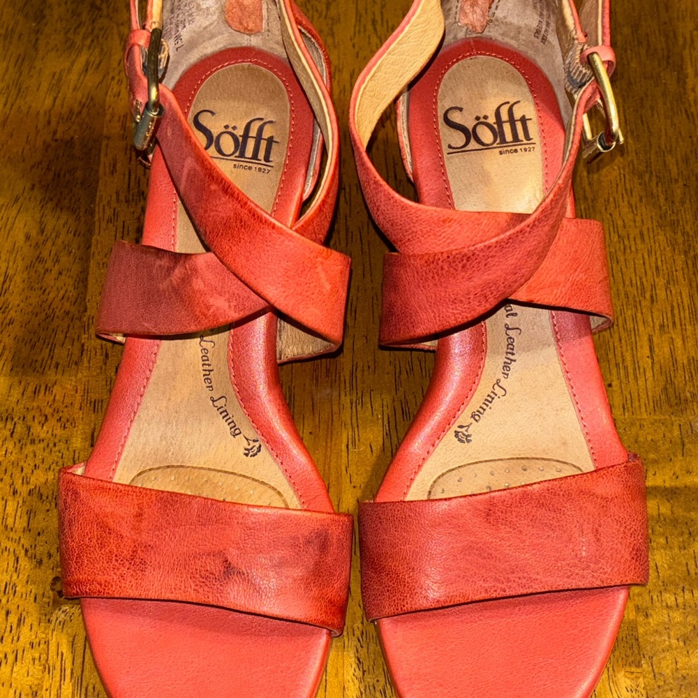 Sofft Red Sandals with Wide Leather Straps and Ankle Buckle